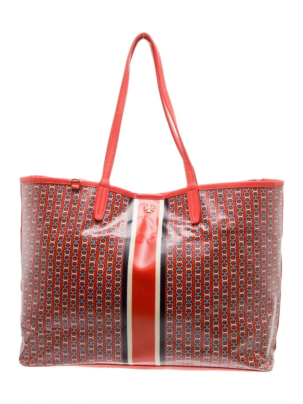 Tory Burch red Orange Gemini Link Canvas Open Top Large Tote Purse